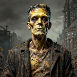 centered detailed, frankenstein, scarred, resurrected corpse, yellowish skin, robes, art by jean giraud and moebius, grimy texture, realistic, expressive emotions, muted colours