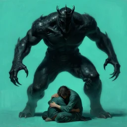 insane, riotous teal by cornelia parker, by wayne thiebaud. a digital art of a large, black - clad figure of the king looming over a small, defenseless figure huddled at his feet. the king's face is hidden in shadow. menacing stance, large, sharp claws, dangerous & powerful creature.