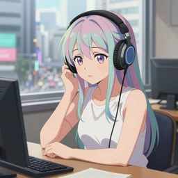 high definition anime portrait of an anime girl with pastel colored hair sitting at a desk studying with headphones on, background is a window looking out into a busy Tokyo district, lo-fi art, masterpiece by Hirohiko Araki, trending on artstation, sharp high quality anime, digital art, photoshop, proportionate, ambient lighting, clear facial festures