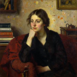 portrait in scholarly femininity, thoughtful face, warm glow, cozy study bathed in light, captured memory, recollection, impressionism, woven textiles, stucco wall, radiosity, terrazzo, pj crook, michael garmash, livia prima, nick alm, casey baugh, deep color, oil on canvas
