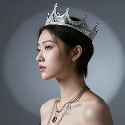 a person wearing a futuristic crown, side portrait, wearing seven necklaces, passionate, spotlight, dramatic, paint drips, textiles, collage, mixed media, paint splatter, scraps, vibrant colors, futuristic clothing, beautiful eyes, broken glass, digital painting by marco paludet, by jeremy mann, by hannah hoch