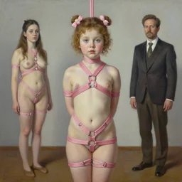 pop surrealism, lowbrow art, realistic cute girl painting, pink body harness, shibari, hyper realism, muted colours, rococo, natalie shau, loreta lux, tom bagshaw, trevor brown style,