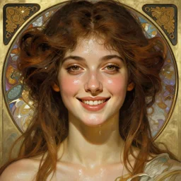 epic portrait an star goddess smiling, beauty, sweaty skin, glossy lips, intricate, full frontal shot, highly detailed, digital painting, artstation, concept art, sharp focus, illustration, art by artgerm and greg rutkowski and alphonse mucha