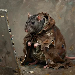 a sniveling rat person wearing a decaying brown cloak, painting by ed binkley