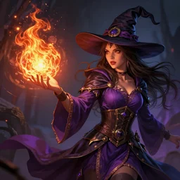 A sorceress with a witch hat casting a fire ball,, detailed illustration, digital art, overdetailed art, concept art, highly saturated colors, detailed illustration, hd, 4k, digital art, Dan Mumford, trending on artstation