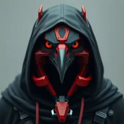 kon - dam red gunpla droid kenku, artistically anthropomorphic black bird head. cloaked hood down, science fiction, portrait by donato giancola and greg rutkowski and wayne barlow. top all time r / imaginarycyberpunk.