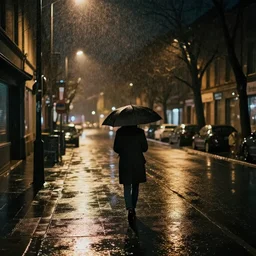 alone in the street, at night, rain