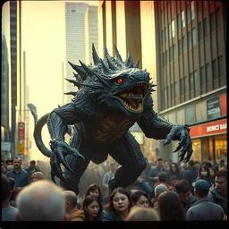 detailed color analog medium format photo an indigenous monster creature designed by gantz, moebius, silent hill, neill blomkamp, in chaotic toronto downtown, golden hour, crowd of panicked bystanders, kodak polaroid, high production value, intricate details, 8 k resolution, hyperrealistic, hdr, photorealistic, high definition, tehnicolor, award - winning photography, masterpiece, amazing colors,
