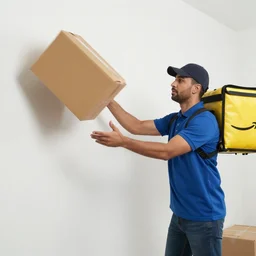 an amazon delivery person carelessly throwing a package at a wall