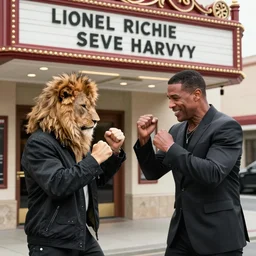 lionel richie and steve harvey having a fist fight under a marquee outside of a theater