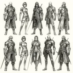detailed pencil spot illustrations of various character concepts from the dishonored and the order 1 8 8 6 videogames crossover, various poses, by bridgeman, by burne hogarth, by conrad roset, by ruan jia, by yoshitaka amano, cgsociety, artstation.