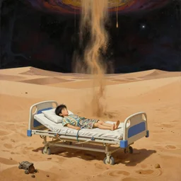 realistic detailed image of a   small boy  laying on a !!hospital bed . in a huge sand desert. a !!thin stream of sand!!! falls from the sky in to eternal eternity doom of outer space.  by  Ayami Kojima, Amano, Karol Bak, Greg Hildebrandt, and Mark Brooks, Neo-Gothic, gothic, rich deep colors. Beksinski painting, part by Adrian Ghenie and Gerhard Richter. art by Takato Yamamoto. masterpiece