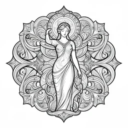 abstract women statue ornate luxury fractal color ink drawing line art colouring page, vector, margins, fine lines, centered