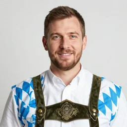 a picture of a man wearing a bavarian flag suit, super close portrait