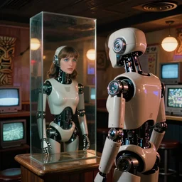 robot staring at her reflection in a mirrored monolith, from 1977, in a tiki bar, volumetric lighting, surrounded by crt monitors, photograph, in the style of jack bridgeland