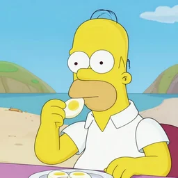 film still close - up shot of homer simpson eating eggs on the beach from the tv show rick & morty. photographic, photography