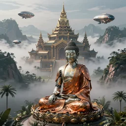 sci fi cinematic establishing shot, a single sitting cyborg buddha with an intricated metallic orange robe, high detail digital painting a buddhist temple on a misty mountain, high detailed valley with palm trees, high camera angle, mystic atmosphere, a detailed metallic temple on a misty mountain, shiny metallic airships with reflections, volumetric fog, perspective painting, atmospheric shot, octane renderer