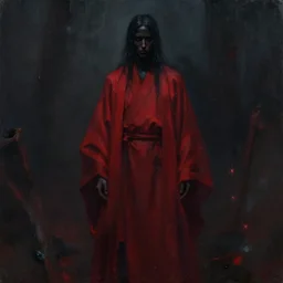 an oil concept art painting of a dark figure wearing a red robe by noah bardley, detailed, digital art, trending on artstation, mysterious, dark atmosphere, cinematic lighting, cinematic