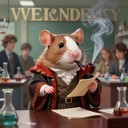 portrait of a cute pet rat dressed as an english professor, smoking a pipe, giving a lecture in a university chemistry lab, digital art, artstation, fantasy, cinematic, fine details by realistic shaded lighting poster by ilya kuvshinov katsuhiro otomo, magali villeneuve, artgerm, jeremy lipkin and michael garmash and rob rey