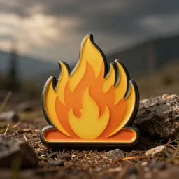 a retro minimalistic fire flame warning caution label enamel pin, hd, concept art, artstation