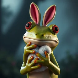 pepe the frog holding up a bunny, unreal engine, trending on artstation, photorealistic, octane, trending on deviantart