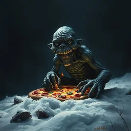 gollum smeagol grotesque croutching over a pizza, feet deep in the snow, looking in camera, backlight, black sky, fire burning, ultra detailed, hyper realistic, wide shot, by beksinski, giger, greg rutkowski, trending on artstation, deviantart, digital art, masterpiece, photorealism