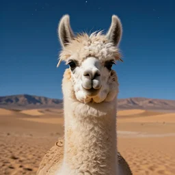 highly detailed portrait photo of a llama with dreadlocks in a scenic desert with starfall in the night sky, hyperrealistic Illustration