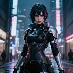 An epic comic hyperrealistic anime painting of a cyber warrrior girl wearing futuristic wardrobe, black and silver, ultradetailed face expression trending on artstation and artbreeder, cyberpunk 2077 color, heavy rainning at tokyo street night, neon ligh, DAZ, 8k, unreal 5 engine render, cosplay, RPG portrait, final fantasy Vll world concept, dramatic lighting, rim lights, PS5 render quality
