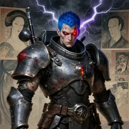 portrait of gothic and futuristic young man, warhammer, cyberpunk armor, more and more scars, thunderstorm, blue head, fire eyes, some red and purple, the middle ages, highly detailed, artstation, in the style of moebius, jugendstil and classic japanese print, art by rene magritte and jean delville