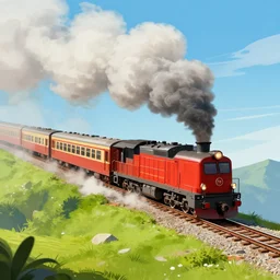 train billowing smoke as it goes over a mountain, concept art, illustrated, highly detailed, high quality, bright colors, optimistic,