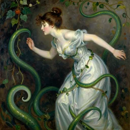 vintage beautiful painting of a woman getting chased by green tentacles and vines in Mary Cassatt style