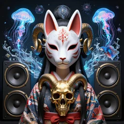 3 d goddess close - up frontal 2 large speakers with ram golden skull. beautiful intricately detailed japanese fractal kitsune mask and classical japanese kimono. betta fish, jellyfish phoenix, bio luminescent, plasma, ice, water, wind, creature, mandelbulb, fractal, artwork by tooth wu and wlop and beeple and greg rutkowski