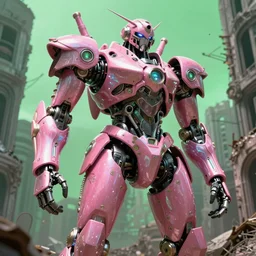 hyperrealistic highly detailed exoskeleton baroque mecha iridescent pink brutalist city ruins background concept art santiago caruso de chirico sharp very dramatic green light 8k low angle shallow depth of field