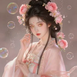 portrait of chinese han clothing girl, dreamy and ethereal, expressive pose, big gold eyes, firm expression, fantasy, intricate, elegant, many rainbow bubbles, rose tones, highly detailed, digital painting, artstation, concept art, smooth, sharp focus, illustration, art by artgerm and greg rutkowskiand alphonse mucha
