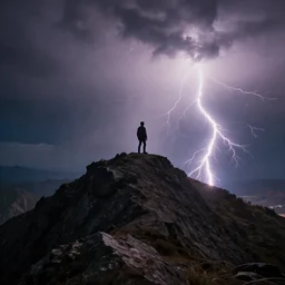 a man stands alone on the top of a giant mountain while lighting strikes the ground, amazing photo, 8k,