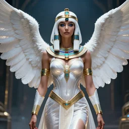 perfect white haired egyptian goddess wearing white dove wings, warframe armor, regal, attractive, ornate, sultry, beautiful, charlize theron, half asian, pretty face, blue eyes, detailed, scifi platform, 4 k, ultra realistic, epic lighting, android body, illuminated, cinematic, masterpiece, art by akihito tsukushi, voidstar, artgerm