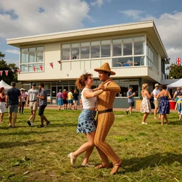 mid century office building coastal lawn summer festival dancing wicker man union jack flags kodakchrome hdr daytime high detail