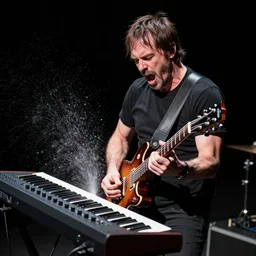 Trent Reznor screaming and smashing a guitar on a synthesizer, ultrafine detail, high contrast, projections, associated press photo, masterpiece
