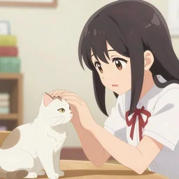 Screenshot of Rika from the anime Higurashi no Naku Koro Ni petting a cat, Rika is petting a cute black cat, detailed eyes, detailed face