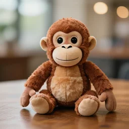 photo of a stuffed monkey on a table. 3 5 mm. bokeh!!!.