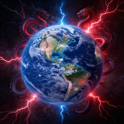 earth shocking with saturn, red and blue, dragons, darkness, 8 k