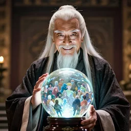 an elderly shang tsung smirking while looking at the camera as he holds a crystal ball that contains millions of souls.