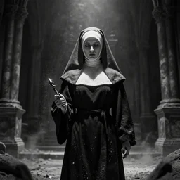 A nun bathed in holy light, in a dusty cathedral. Dark Fantasy, Film Noir, Black and White. High Contrast, Mike Mignola, D&D, OSR
