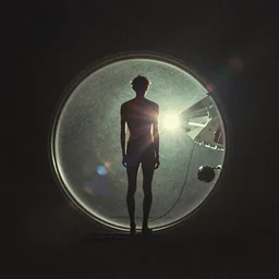 agfa vista 4 0 0 photograph of a skinny guy on a spaceship, lens flare, back view, moody lighting, moody vibe, telephoto, 9 0 s vibe, grain, vintage, tranquil, calm, faded!
