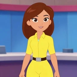 beautiful brown hair female reporter in a yellow jumpsuit character april o ’ neil from animated series teenage mutant ninja turtles ( tmnt 1 9 8 7 ), by in the style of comics x - man