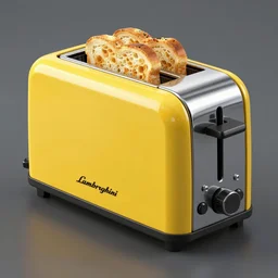 a lamborghini brand toaster with bread in slots, shiny, bright colors, aggressive angular design, professional studio product shot for a magazine with words, photograph