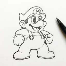 continuous single line contour - drawing of wario, pen on white paper