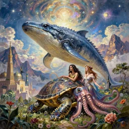fantasy fairytale portrait, great leviathan, cybernetic turtle cephalopod terrapin reptilian pachyderm squid, symbiotic bella hadid, hybrid, milla jovovich, anubis epic islamic city, natural light, lush plants and flowers, spectacular mountains, bright clouds, luminous stellar sky, outer worlds, w a bouguereau, michael cheval, oil painting, michael whelan, hd,