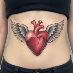 a high quality painting of a tattoo of a heart with wings on woman lower abdomen
