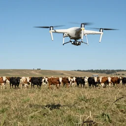 a uav with it own shaddow is watching a large group of cattle